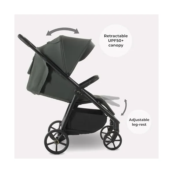 My Babiie MB170 Plus Pushchair – from Birth to 4 Years (22kg), 4-Wheel Suspension, Large Basket, XL Canopy, Foldable, Compact, Stroller with Footmuff, Cup Holder, Rain Cover – Green