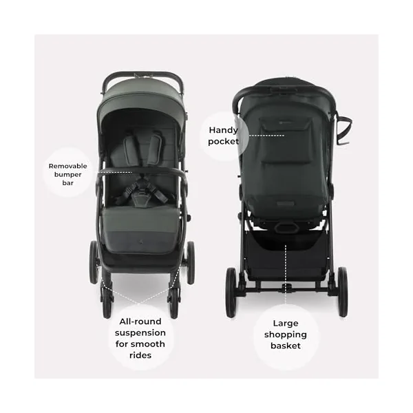 My Babiie MB170 Plus Pushchair – from Birth to 4 Years (22kg), 4-Wheel Suspension, Large Basket, XL Canopy, Foldable, Compact, Stroller with Footmuff, Cup Holder, Rain Cover – Green
