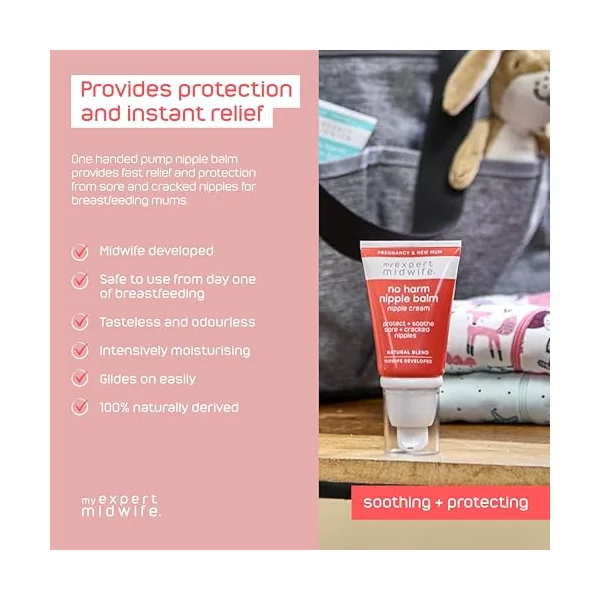 My Expert Midwife No Harm Nipple Balm, 100% Natural, medical grade Lanolin, fast relief, protection for sore cracked nipples. Moisturising, odourless, tasteless, breastfeeding Safe Nipple cream, 30ml