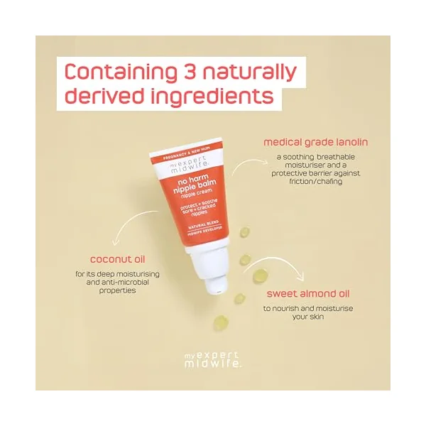 My Expert Midwife No Harm Nipple Balm, 100% Natural, medical grade Lanolin, fast relief, protection for sore cracked nipples. Moisturising, odourless, tasteless, breastfeeding Safe Nipple cream, 30ml