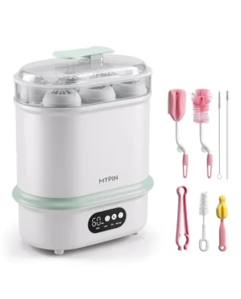 MYPIN Bottle Steriliser and Dryer, 4 in 1 Compact Baby Bottle Steriliser, 6 Capacity, 72H Storage, 6 Pcs Brush Kit for Newborn Essentials