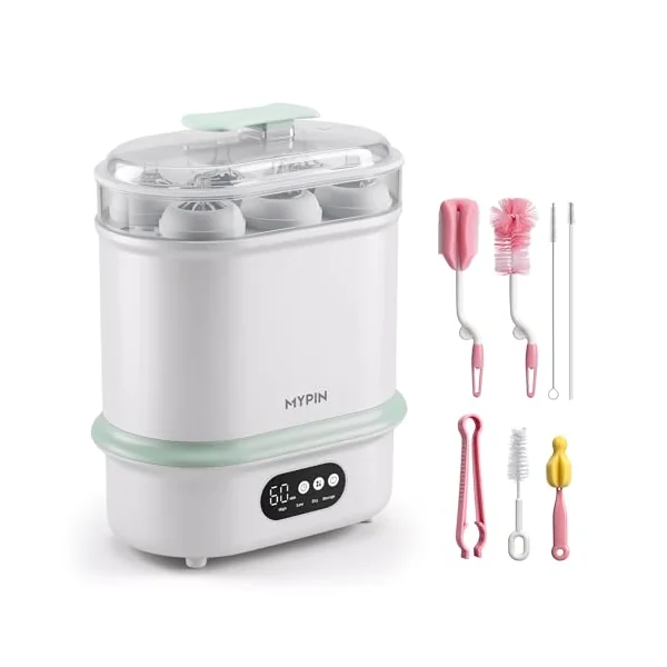 MYPIN Bottle Steriliser and Dryer, 4 in 1 Compact Baby Bottle Steriliser, 6 Capacity, 72H Storage, 6 Pcs Brush Kit for Newborn Essentials