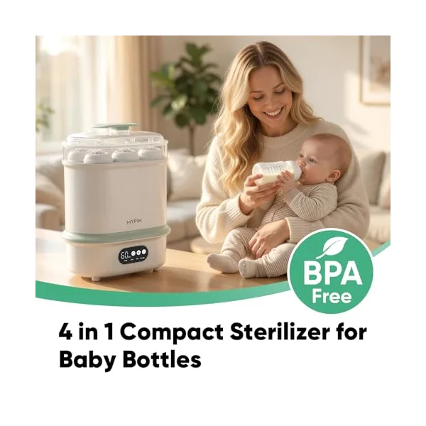 MYPIN Bottle Steriliser and Dryer, 4 in 1 Compact Baby Bottle Steriliser, 6 Capacity, 72H Storage, 6 Pcs Brush Kit for Newborn Essentials
