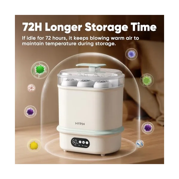MYPIN Bottle Steriliser and Dryer, 4 in 1 Compact Baby Bottle Steriliser, 6 Capacity, 72H Storage, 6 Pcs Brush Kit for Newborn Essentials