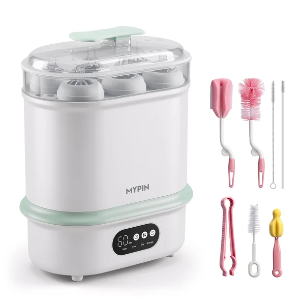 MYPIN Bottle Steriliser and Dryer, 4 in 1 Compact Baby Bottle Steriliser, 6 Capacity, 72H Storage, 6 Pcs Brush Kit for Newborn Essentials