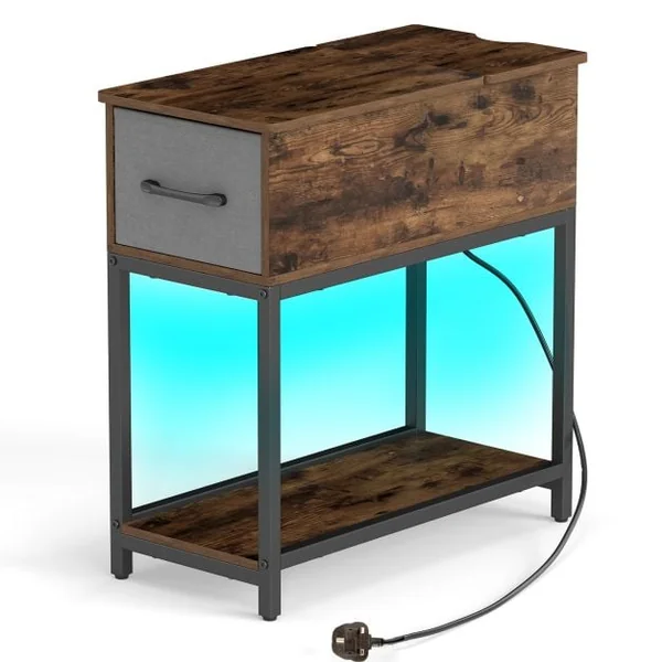 Narrow Side Table with Charging Station and LED Lights for Small Spaces