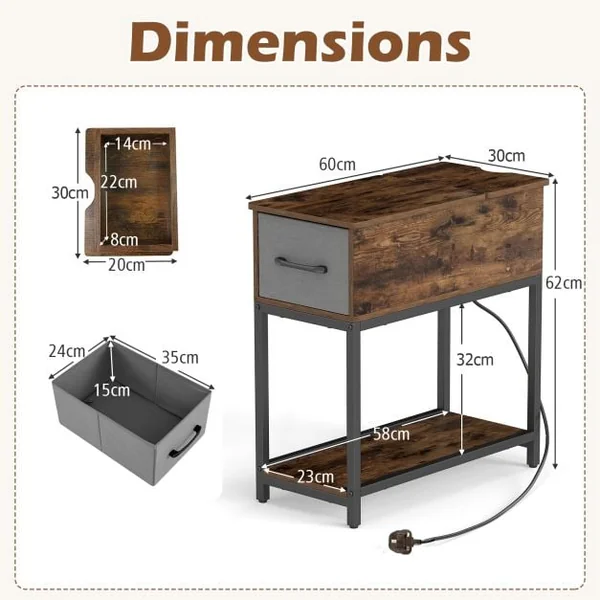Narrow Side Table with Charging Station and LED Lights for Small Spaces