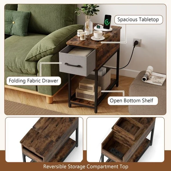 Narrow Side Table with Charging Station and LED Lights for Small Spaces
