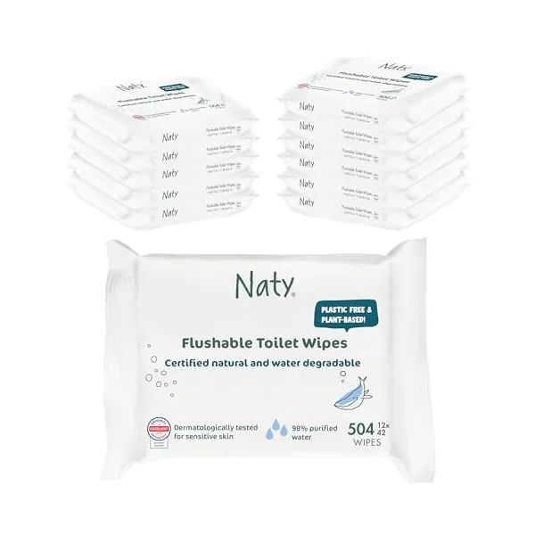 Naty Flushable Baby Wipes, 98% Water & Hypoallergenic, 504 Ct. (12 Packs) | Natural for Sensitive Skin, Unscented, Plant-Based, Fragrance-Free, Gentle for Newborn & Toddler
