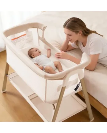 Next to Me Crib, 3 in 1 Baby Beside Crib for Babies from Birth to 9kg, Portable Travel Cot Bed with Wheels, Storage, Mosquito Net and Matress Baby Co-Sleeper for Newborn Infant Beige
