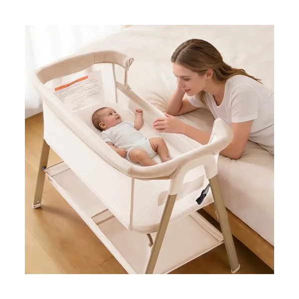 Next to Me Crib, 3 in 1 Baby Beside Crib for Babies from Birth to 9kg, Portable Travel Cot Bed with Wheels, Storage, Mosquito Net and Matress Baby Co-Sleeper for Newborn Infant Beige