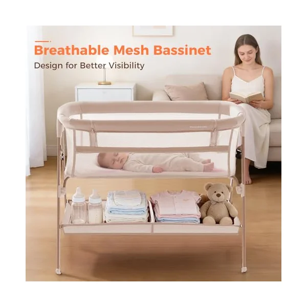 Next to Me Crib, 3 in 1 Baby Beside Crib for Babies from Birth to 9kg, Portable Travel Cot Bed with Wheels, Storage, Mosquito Net and Matress Baby Co-Sleeper for Newborn Infant Beige