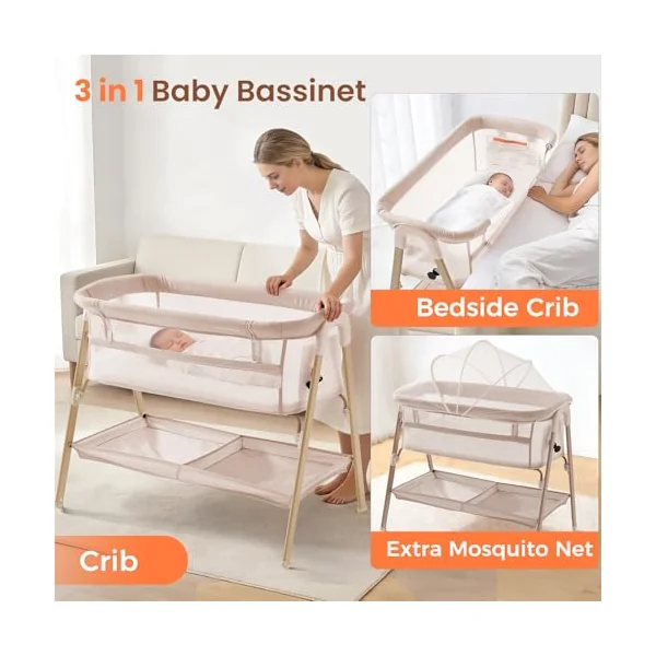 Next to Me Crib, 3 in 1 Baby Beside Crib for Babies from Birth to 9kg, Portable Travel Cot Bed with Wheels, Storage, Mosquito Net and Matress Baby Co-Sleeper for Newborn Infant Beige