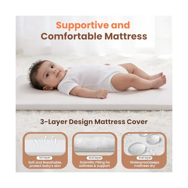 Next to Me Crib, 3 in 1 Baby Beside Crib for Babies from Birth to 9kg, Portable Travel Cot Bed with Wheels, Storage, Mosquito Net and Matress Baby Co-Sleeper for Newborn Infant Beige
