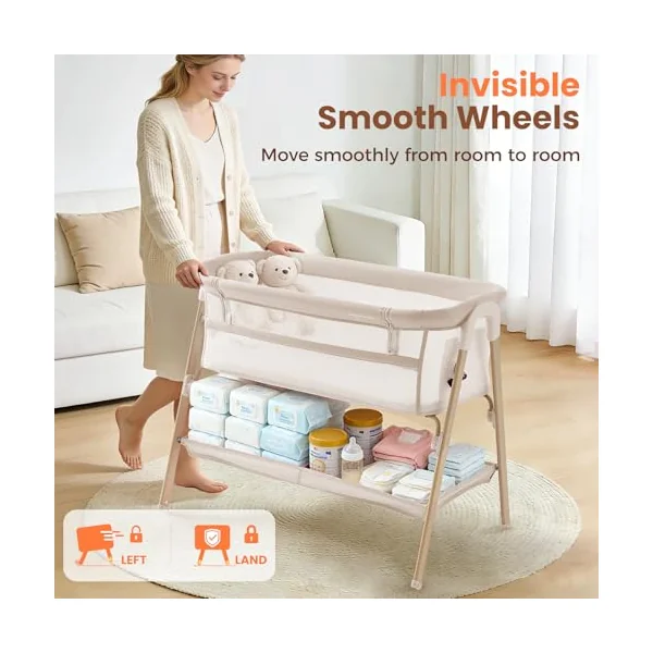 Next to Me Crib, 3 in 1 Baby Beside Crib for Babies from Birth to 9kg, Portable Travel Cot Bed with Wheels, Storage, Mosquito Net and Matress Baby Co-Sleeper for Newborn Infant Beige