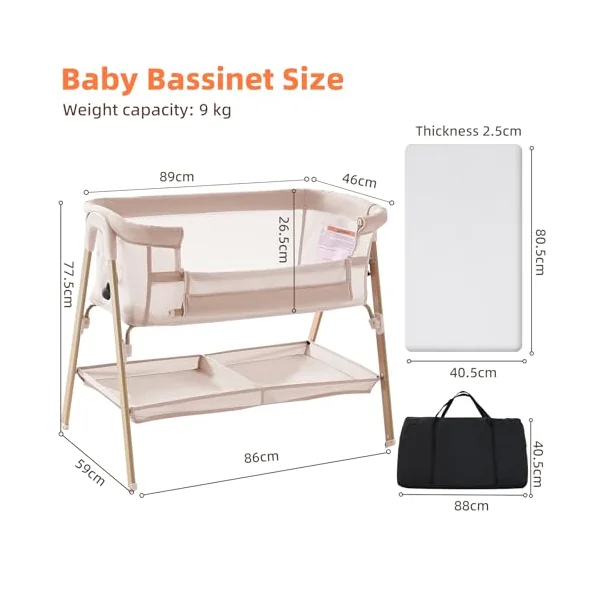 Next to Me Crib, 3 in 1 Baby Beside Crib for Babies from Birth to 9kg, Portable Travel Cot Bed with Wheels, Storage, Mosquito Net and Matress Baby Co-Sleeper for Newborn Infant Beige