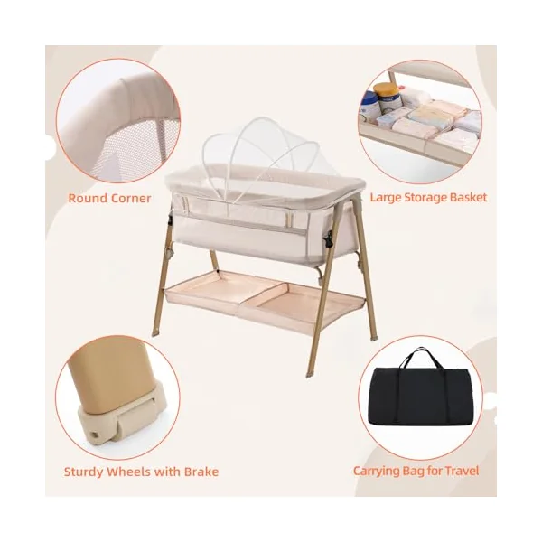 Next to Me Crib, 3 in 1 Baby Beside Crib for Babies from Birth to 9kg, Portable Travel Cot Bed with Wheels, Storage, Mosquito Net and Matress Baby Co-Sleeper for Newborn Infant Beige
