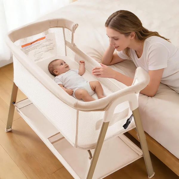 Next to Me Crib, 3 in 1 Baby Beside Crib for Babies from Birth to 9kg, Portable Travel Cot Bed with Wheels, Storage, Mosquito Net and Matress Baby Co-Sleeper for Newborn Infant Beige