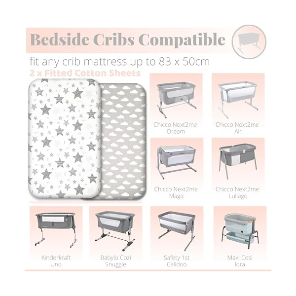 Next to Me Crib Sheets - 2pcs Baby Crib Sheets Set - 100% Organic Cotton to fit Bedside Cribs - Made in Europe – 83 x 50 cm (83x50cm, Grey Stars&Clouds)