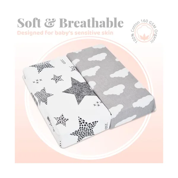 Next to Me Crib Sheets - 2pcs Baby Crib Sheets Set - 100% Organic Cotton to fit Bedside Cribs - Made in Europe – 83 x 50 cm (83x50cm, Grey Stars&Clouds)