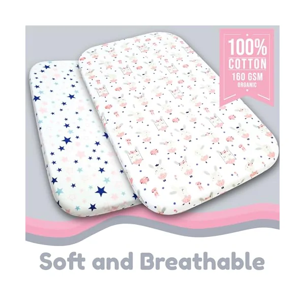 Next to Me Crib Sheets – 2pcs Fitted Baby Sheet Set 100% Organic Cotton Fitted Crib Sheets for Bedside Cribs – Made In Europe (83x50cm, Cute Bunny&Stars)