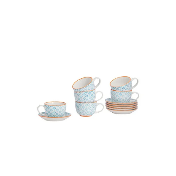 Nicola Spring 12 Piece Hand-Printed Cappuccino Cup & Saucer Set - 250ml - Blue