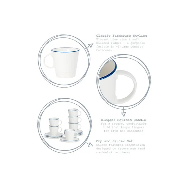 Nicola Spring 12pc Farmhouse Teacups & Saucers Set - 270ml Coffee Cup & Saucer Cappuccino Mugs Latte Drinking Mug Tea Plates