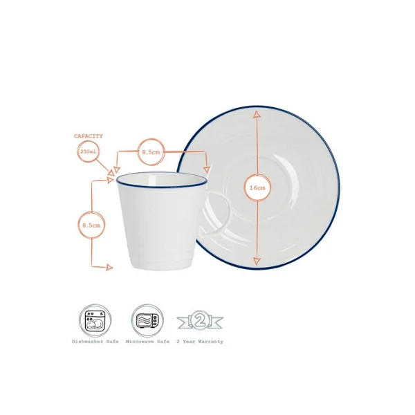 Nicola Spring 12pc Farmhouse Teacups & Saucers Set - 270ml Coffee Cup & Saucer Cappuccino Mugs Latte Drinking Mug Tea Plates