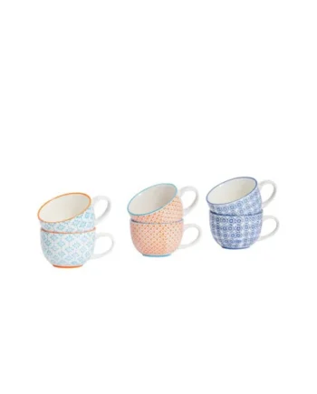 Nicola Spring Hand-Printed Cappuccino Cups - 250ml - 3 Colours - Pack of 6