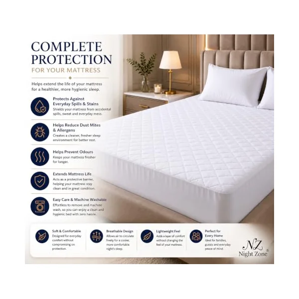 NIGHT ZONE Microfiber Quilted Mattress Protector – Breathable Mattress Cover with 30cm Deep Fitted Skirt Soft Hypoallergenic Bed Protector for Ultimate Comfort and Protection (Single)