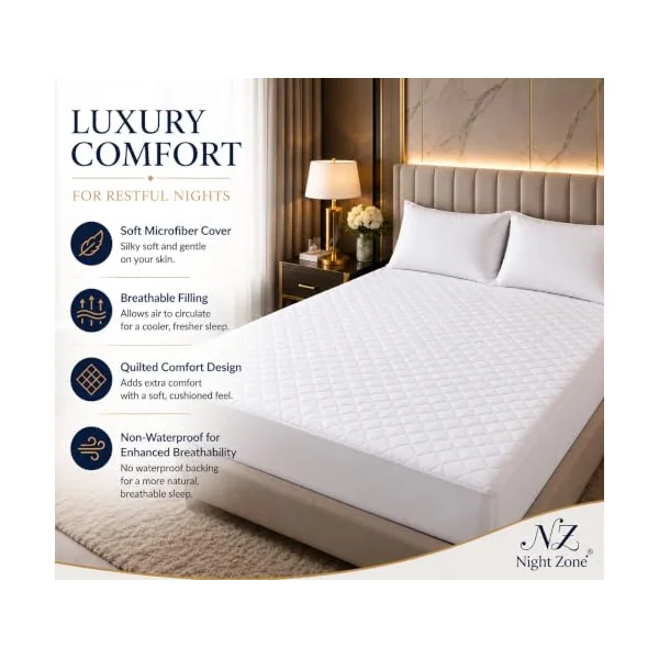 NIGHT ZONE Microfiber Quilted Mattress Protector – Breathable Mattress Cover with 30cm Deep Fitted Skirt Soft Hypoallergenic Bed Protector for Ultimate Comfort and Protection (Single)