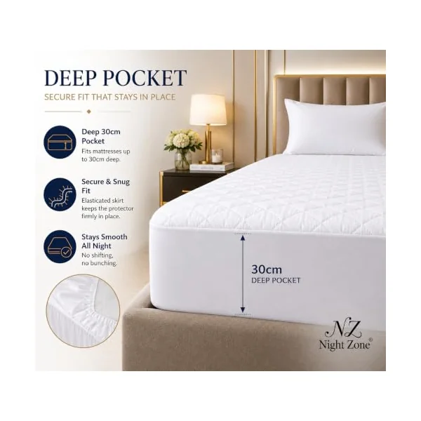 NIGHT ZONE Microfiber Quilted Mattress Protector – Breathable Mattress Cover with 30cm Deep Fitted Skirt Soft Hypoallergenic Bed Protector for Ultimate Comfort and Protection (Single)