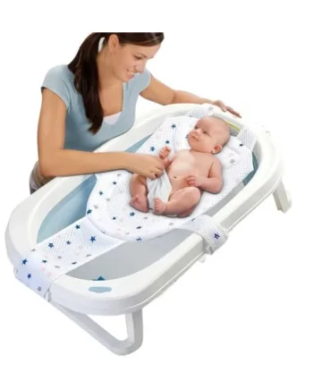 Non Slip Adjustable Newborn Baby Bath Seat with 5 Safety Support Corner | Baby Bath Net, Soft and Comfortable Baby Bath Shower Accessories with Sponge Cushion for Safe Bathing Experience 0-12 Months