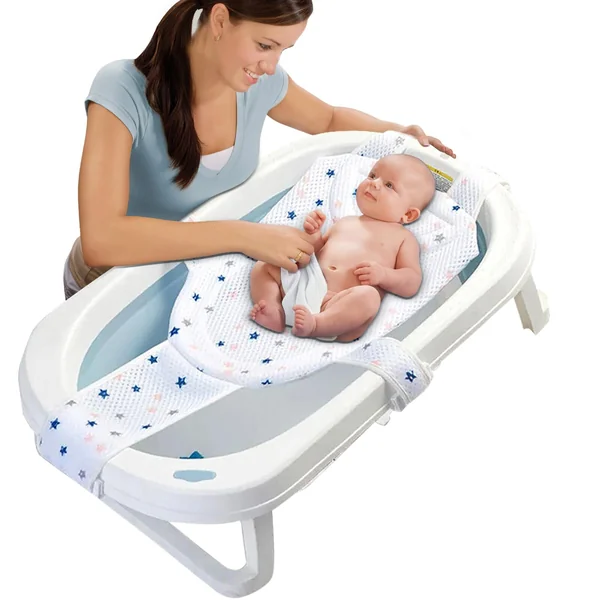 Non Slip Adjustable Newborn Baby Bath Seat with 5 Safety Support Corner | Baby Bath Net, Soft and Comfortable Baby Bath Shower Accessories with Sponge Cushion for Safe Bathing Experience 0-12 Months