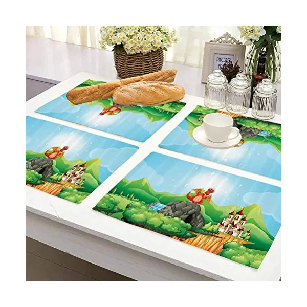 Non-Slip Heat Resistant Dining Table Placemats, Cartoon Decor Fantasy Dragon on Waterfall Cave by Castle Fiction Fairy Kids Myth Illustr, Placemats Washable Easy to Clean, Set of 4