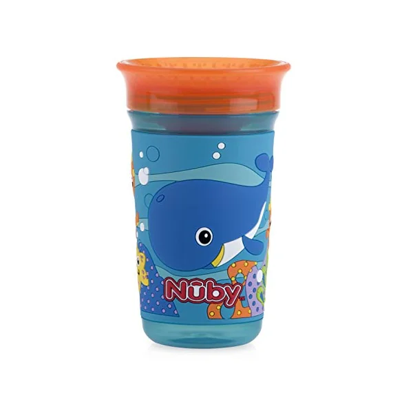 Nuby 360 Degree Easy Sip 3D Grip Wonder Cup with Printed Silicone Sleeve, 10 Oz, Whale