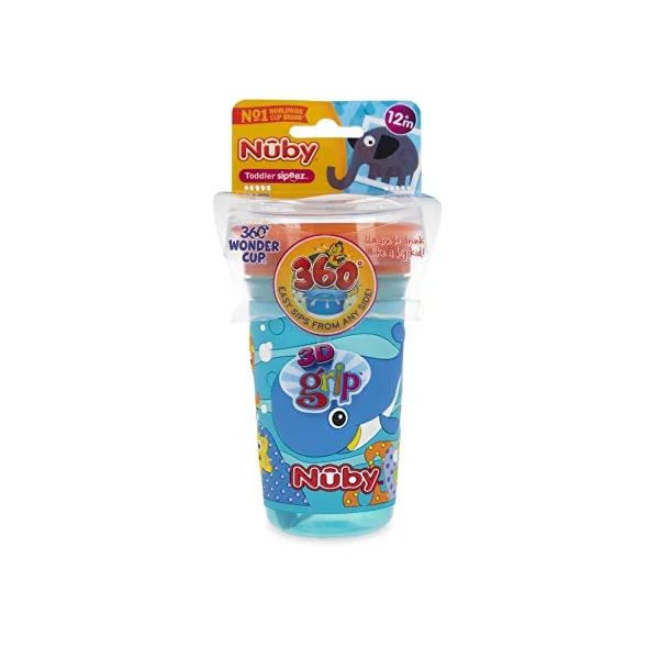 Nuby 360 Degree Easy Sip 3D Grip Wonder Cup with Printed Silicone Sleeve, 10 Oz, Whale