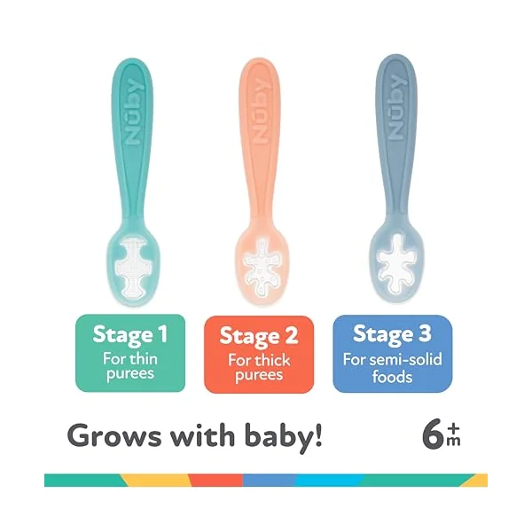 Nuby 3-Stage Baby's First Spoons Set - 3 Pack - 6+ Months - Baby Spoons with Easy Grip Handle - Pastels