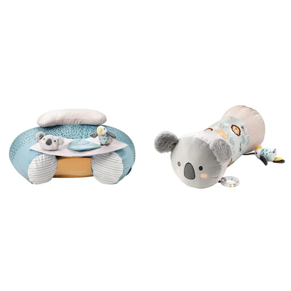 Nuby Animal Adventures Sit-Me-Up Baby Seat – Inflatable Sit & Play Floor Seat | Detachable Tray | Machine Washable | Suitable from 6 Months Plus & Animal Adventures Tummy Time Pillow