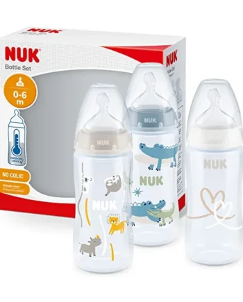 NUK First Choice+ Baby Bottles Set | 0-6 Months | Temperature Control | Anti Colic Vent | 300 ml | BPA-Free | Silicone Teat | 3 Count | Safari