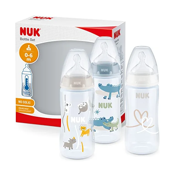 NUK First Choice+ Baby Bottles Set | 0-6 Months | Temperature Control | Anti Colic Vent | 300 ml | BPA-Free | Silicone Teat | 3 Count | Safari