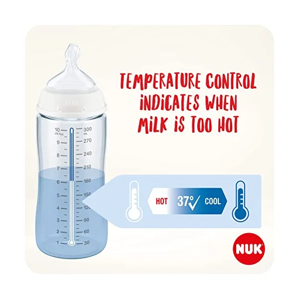NUK First Choice+ Baby Bottles Set | 0-6 Months | Temperature Control | Anti Colic Vent | 300 ml | BPA-Free | Silicone Teat | 3 Count | Safari