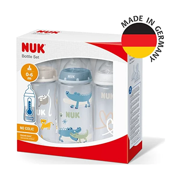 NUK First Choice+ Baby Bottles Set | 0-6 Months | Temperature Control | Anti Colic Vent | 300 ml | BPA-Free | Silicone Teat | 3 Count | Safari