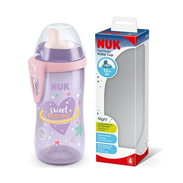 NUK Kiddy Cup Night Toddler Cup | 12+ Months | 300 ml | Leak-Proof Toughened Spout | Glow in the Dark | Clip & Protective Cap | Purple