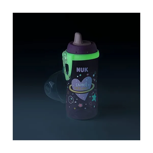 NUK Kiddy Cup Night Toddler Cup | 12+ Months | 300 ml | Leak-Proof Toughened Spout | Glow in the Dark | Clip & Protective Cap | Purple