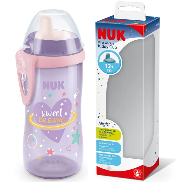 NUK Kiddy Cup Night Toddler Cup | 12+ Months | 300 ml | Leak-Proof Toughened Spout | Glow in the Dark | Clip & Protective Cap | Purple