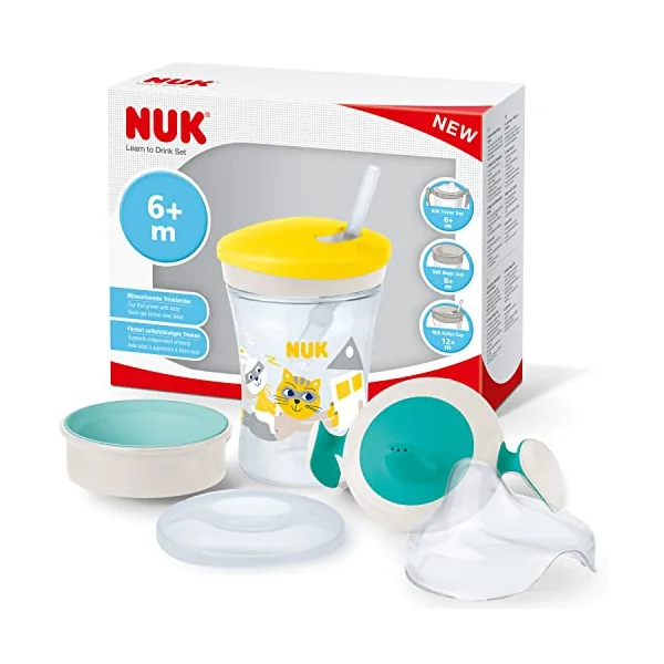 NUK Learn to Drink Set with Trainer Cup Learner Cup (6M+) | Magic Cup 360° Sippy Cup (8M+) & Action Cup Toddler Cup (12M+) | 230ml | Yellow Cat