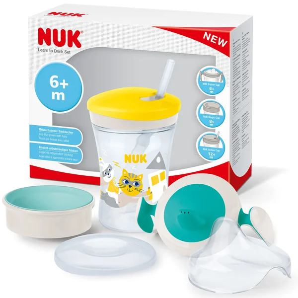 NUK Learn to Drink Set with Trainer Cup Learner Cup (6M+) | Magic Cup 360° Sippy Cup (8M+) & Action Cup Toddler Cup (12M+) | 230ml | Yellow Cat
