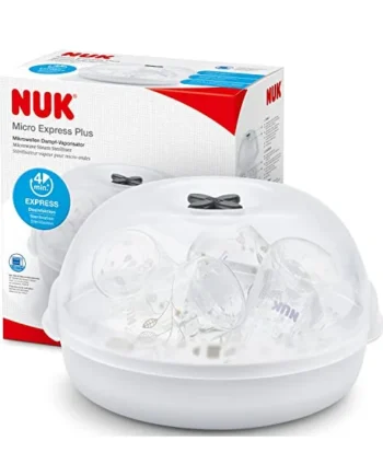 NUK Micro Express Plus Microwave Bottle Steriliser | Sterilises up to 4 Baby Bottles & Accessories in 4 Minutes | Fits Most Microwaves | Tongs for Hygienic Removal