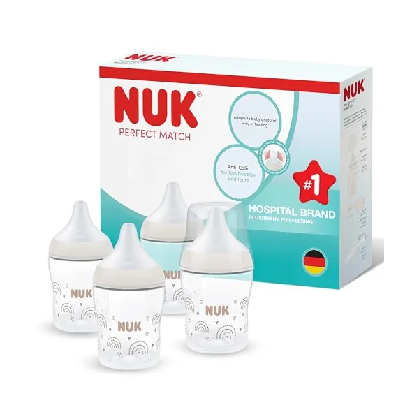 NUK Perfect Match Newborn Baby Bottle Set | 0+ Months | 150ml | Anti Colic Feeding Bottle | PP | Temperature Control Indicator | Rainbow | 4 Count